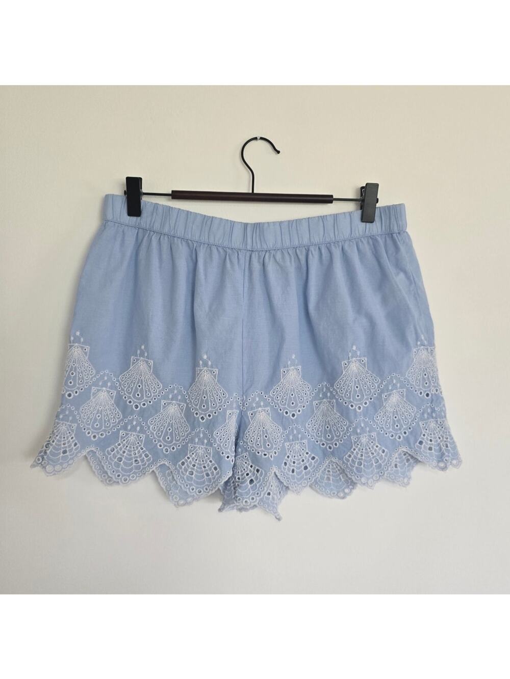 Calypso St Barth Blue Seashell Embroidered Cotton Sleep Shorts L